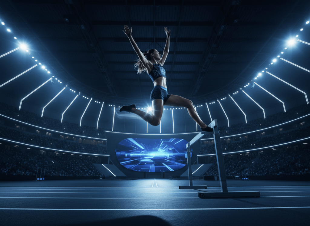 A professional female athlete mid-competition jumping high in a modern stadium, dynamic action shot, motion blur, dramatic cinematic blue and dark lighting, high contrast, photorealistic, no text, no logos, ultra-modern editorial sports photography