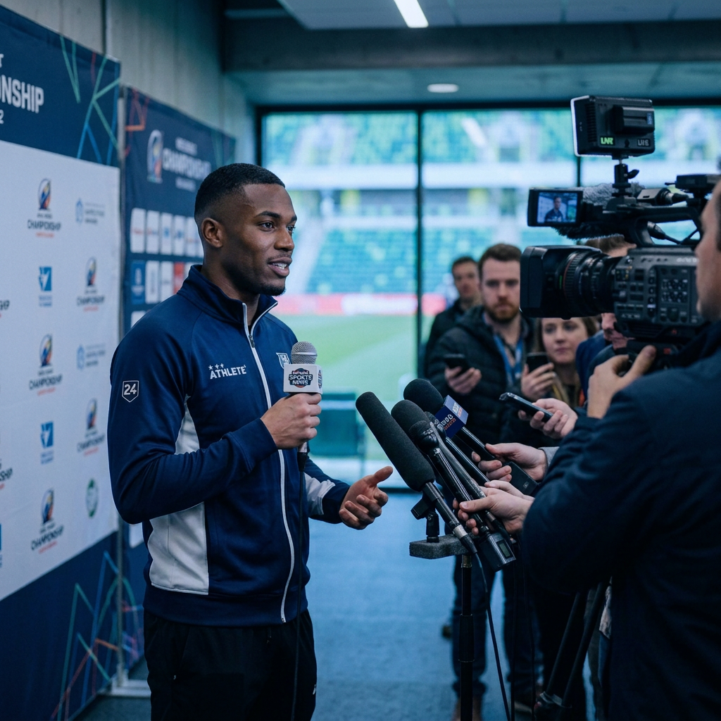 Black athlete giving interview, blue tones